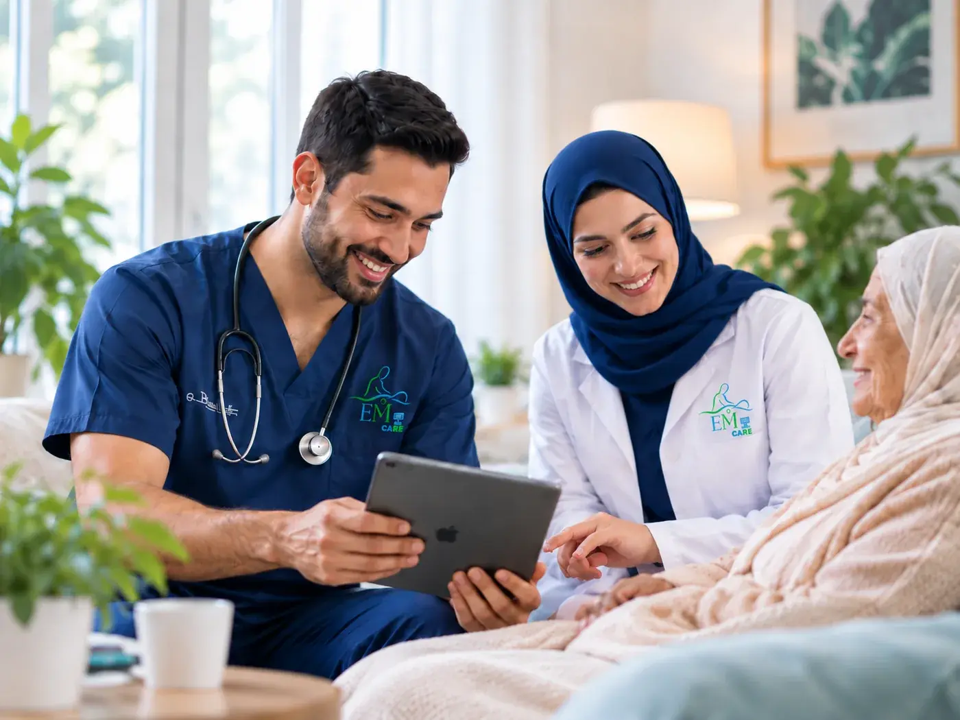 أخصائيو رعاية صحية يقدمون الرعاية للمريض في المنزل